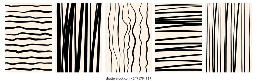 Hand drawn artistic stripes backgrounds set, collection. Uneven streaks, doodle strips, bars, wavy lines, waves, parallel pinstripes patterns. Black and white brush drawn striped rectangle templates.