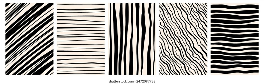 Hand drawn artistic stripes backgrounds set, collection. Uneven streaks, doodle strips, bars, wavy lines, waves, parallel pinstripes patterns. Black and white brush drawn striped rectangle templates.