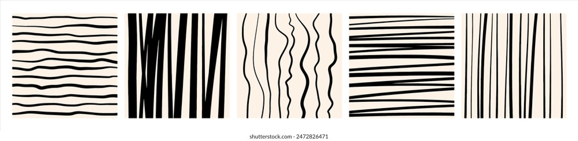 Hand drawn artistic stripes backgrounds set, collection. Uneven streaks, doodle strips, bars, wavy lines, waves, parallel pinstripes patterns. Black and white brush drawn striped square templates.