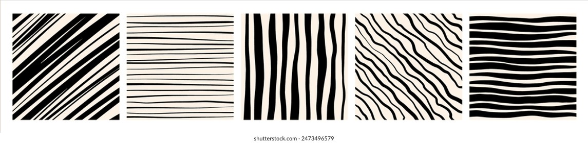 Hand drawn artistic stripes backgrounds set, collection. Uneven streaks, doodle strips, bars, wavy lines, waves, diagonal pinstripes patterns. Black and white brush drawn striped square templates.