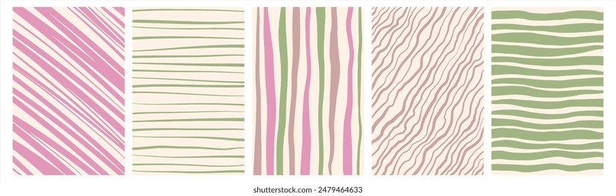 Hand drawn artistic stripes backgrounds set, collection. Uneven streaks, doodle bars, wavy lines, waves, diagonal hatching pattern. Natural soft organic colors brush drawn striped rectangle templates