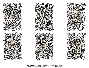 Hand drawn artistic vector fairytale letters " g ", " h ", " i ", " j ", " k ", " l ".  Whole alphabet downloadable at my portfolio.