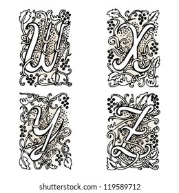 Hand drawn artistic vector fairytale letters " w ", " x ", " y ", " z ".  Whole alphabet downloadable at my portfolio.