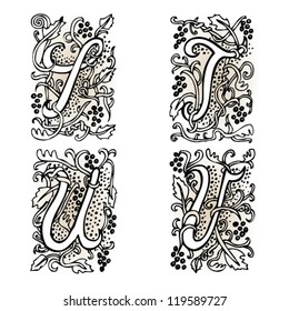 Hand drawn artistic vector fairytale letters " s ", " t ", " u ", " v ".  Whole alphabet downloadable at my portfolio.