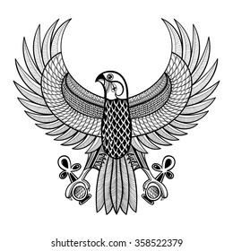 Hand drawn artistically Egypt Horus Falcon, patterned Ra-bird in zentangle style. Wisdom symbol of Athena for tattoo, t-shirt, adult coloring pages. Ancient Egyptian vector illustration of Ankh.