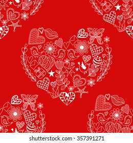 Hand drawn artistically ethnic ornamental seamless pattern with heart and romantic doodle elements of St. Valentine's day, zentangle vector illustration  for adult coloring  pages, t-shirt or prints.