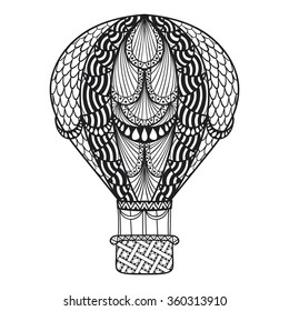 Hand drawn artistically ethnic ornamental patterned air balloon in doodle, zentangle tribal style for adult coloring book, pages, tattoo, t-shirt or prints. African, indian vector illustration.