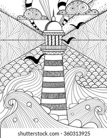 Hand drawn artistically ethnic ornamental patterned Lighthouse with clouds in doodle, zentangle tribal style for adult coloring book, pages, tattoo, t-shirt or prints. Sea vector illustration.