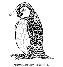Hand drawn artistically King Penguin, zentangle illustartion for adult anti stress Coloring pages or tattoos with high details isolated on black background. Vector monochrome bird sketch. 