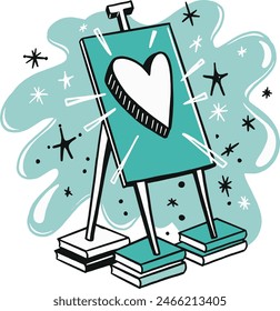 Hand drawn Artists easel with a love heart on books