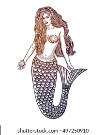 Hand drawn artwork of beautiful mermaid .Sea, fantasy, spirituality, mythology, tattoo art. Isolated vector illustration.
