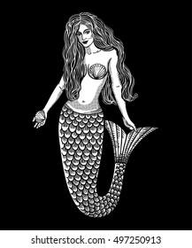 Hand drawn artwork of beautiful mermaid .Sea, fantasy, spirituality, mythology, tattoo art. Isolated vector illustration.
