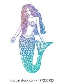 Hand drawn artwork of beautiful mermaid .Sea, fantasy, spirituality, mythology, tattoo art. Isolated vector illustration.
