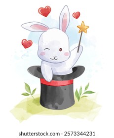 hand drawn artwork of cute rabbit and magic wand in magician hat cartoon illustration