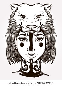Hand drawn artwork of image of African shaman with tattoo on her face and neack. Spirit Totem Animals, religion, impressive, inspirational tattoo art. Isolated vector illustration.