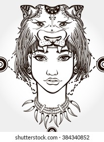 Hand drawn artwork of image of African shaman. Spirit Totem Animals, religion, impressive, inspirational tattoo art. Isolated vector illustration.