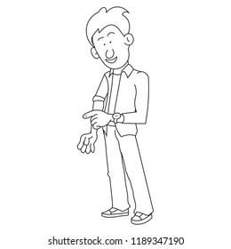 Hand drawn artwork of man standing looking at time on wrist watch boy male illustration line drawing