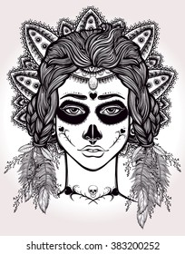 Hand drawn artwork of Mexican Day-of-the-dead Girl . Coloring book, tattoo art. Isolated vector illustration