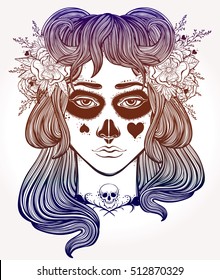 Hand drawn artwork of Mexican Day-of-the-dead Girl . Coloring book, tattoo art,spirituality,art,religion, impressive. Isolated vector illustration.