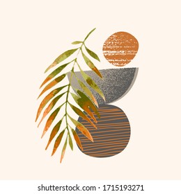 Hand drawn artwork in scandinavian minimal style. Modern vector illustration with tropical palm leaf, grainy grunge textures, geometric shapes, doodles. Watercolor summer illustration