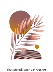 Hand drawn artwork in scandinavian minimal style. Modern vector illustration with tropical palm leaf, grainy grunge textures, geometric shapes, doodles. Watercolor summer illustration