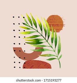 Hand drawn artwork in scandinavian style. Modern vector illustration with tropical palm leaf, grainy grunge textures, doodles, minimal elements. Watercolor summer illustration