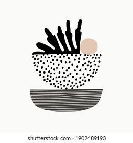 Hand drawn artwork in scandinavian style. Modern vector illustration with tropical palm leaf, doodle textures, minimal elements for minimalist print, cover, boho home decor, wallpaper design