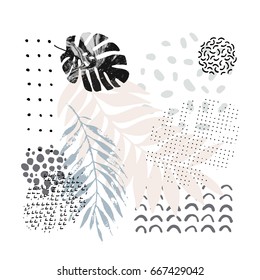 Hand drawn artwork in scandinavian style  Modern vector illustration and tropical leaves  grunge  marbling textures  doodles  minimal elements 