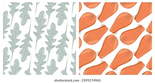 Hand drawn arugula leaves and red fish steak Seamless Pattern Healthy Eating Day Background idea Set