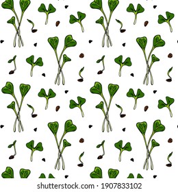 Hand drawn arugula micro greens seamless pattern. Vector illustration in colored sketch style isolated on white background