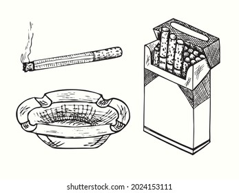 Hand drawn ashtray, cigarette with smoke lines, blank open cigarette package. Ink black and white drawing  illustration