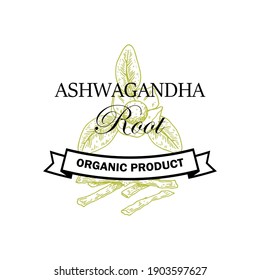 Hand drawn Ashwagandha logo isolated on white background. Vector illustration in sketch style.