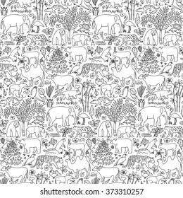 Hand drawn Asia seamless pattern. Vector illustration of seamless pattern with Asian animals and plants