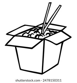 Hand drawn asian box chinese noodle noodles isolated on a white background. Fast food. Takeout carton food package with noodle. Udon. Vector illustration. Icon element simple symbol line doodle colori