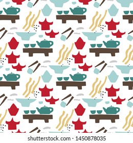 Hand drawn asian cuisine seamless pattern with teapot, cups, sushi, noodle. Vector illustration for food menu design. Japanese,  Chinese, Korean cuisine symbols and items