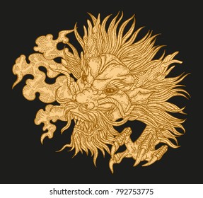 Hand drawn asian dragon head on black background. Vector illustration traditional Chinese dragon mask. Detailed design for print engraved