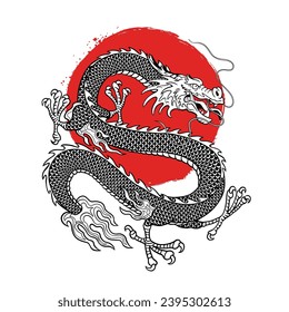Hand Drawn of Asian Dragon Isolated in Vintage Style