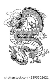 Hand Drawn Asian Dragon Tattoo Illustration on White Background