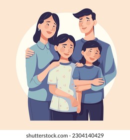 Hand Drawn Asian Family Vector Cartoon Style Illustration