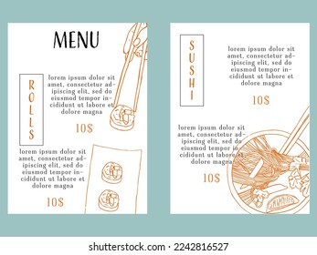 Hand drawn asian food collection with sushi and ramen. creative restaurant and bar menu template.