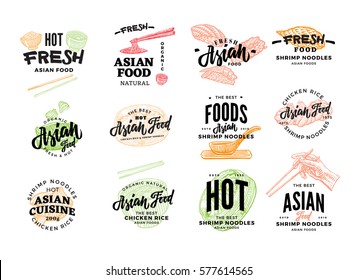 Hand Drawn Asian Food Logotypes With Inscriptions And Traditional Japanese And Chinese Meals Isolated Vector Illustration