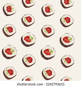 Hand drawn asian food set with sushi on stone plate. Sushi roll design for menu, flyer, banner, cover, ad. Creative template with empty space. Vector
