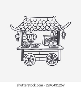 Hand drawn asian food truck stall vector drawing, illustration