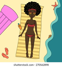 Hand drawn asian girl sunbathing