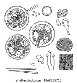 Hand drawn Asian noodle soup. Ramen set.  Vector sketch  illustration.