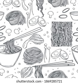 Hand drawn Asian noodle soup. Ramen set.  
Vector seamless pattern.
