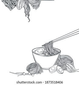 Hand drawn Asian noodle soup. Ramen set. Vector background. Sketch  illustration.  