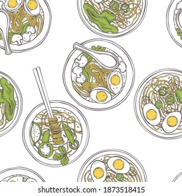 Hand drawn Asian noodle soup. Ramen set.  
Vector seamless pattern.