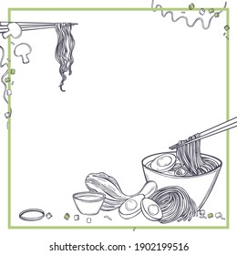 Hand Drawn Asian Noodle Soup. Ramen Set.  Vector Background. Sketch  Illustration. 