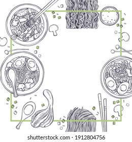 Hand drawn Asian noodle soup. Ramen set.  Vector background. Sketch  illustration. 